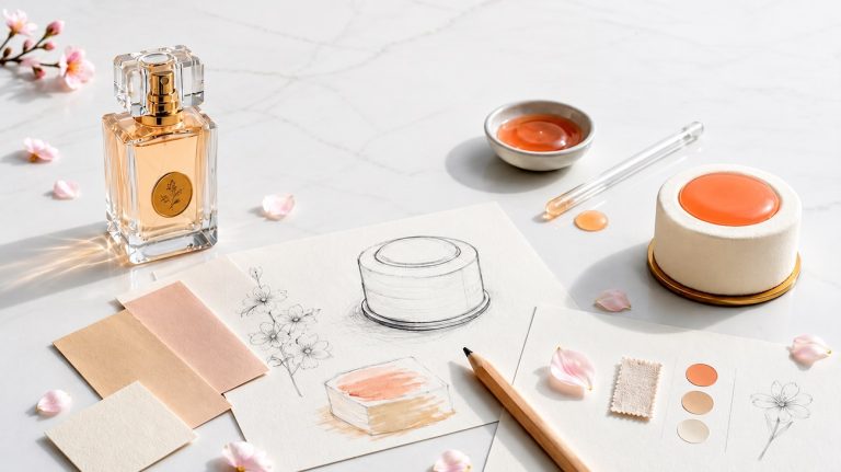 Mesa de trabajo con bocetos de diseño de pastelería, frasco de perfume, muestras de color en tonos melocotón, pétalos de flor y un petit gâteau terminado sobre superficie de mármol