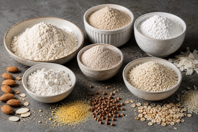 Variedad de harinas, cereales y semillas utilizadas en formulaciones de pastelería sin gluten.