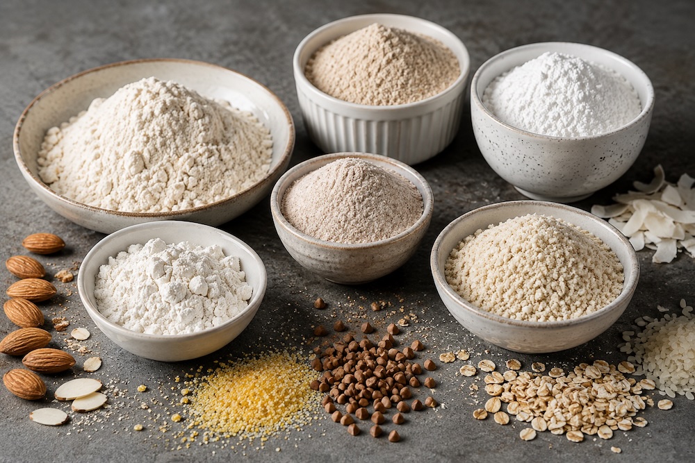 Variedad de harinas, cereales y semillas utilizadas en formulaciones de pastelería sin gluten.